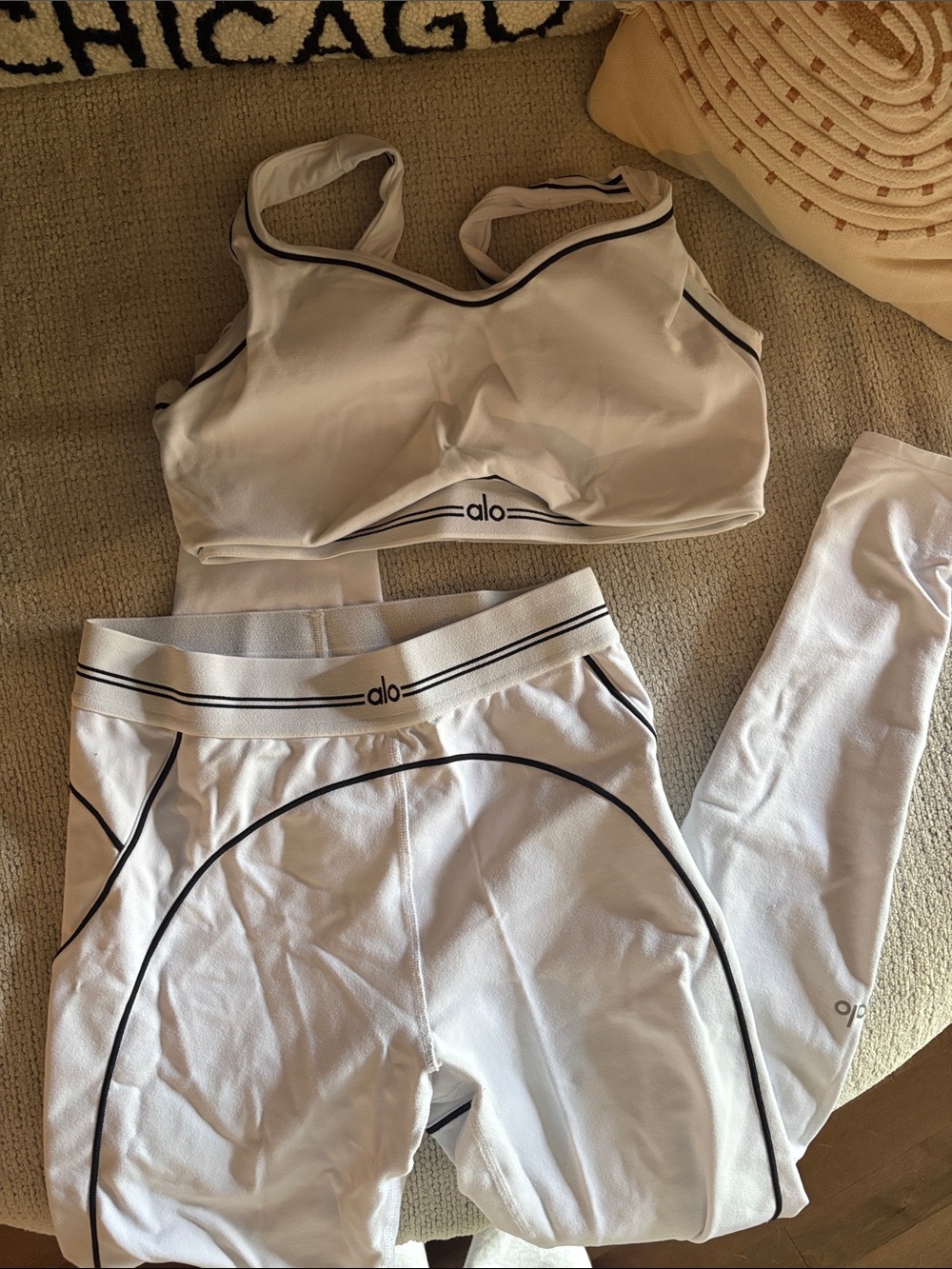 ALO Yoga White Sports Bra with Black Logo Detail